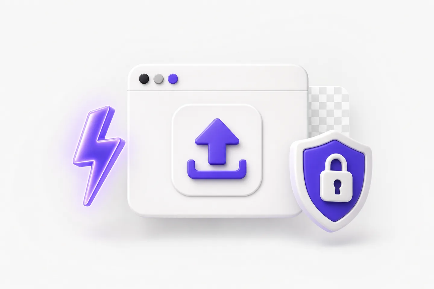 A browser window, lightning bolt, and padlock representing fast private Image to SVG conversion